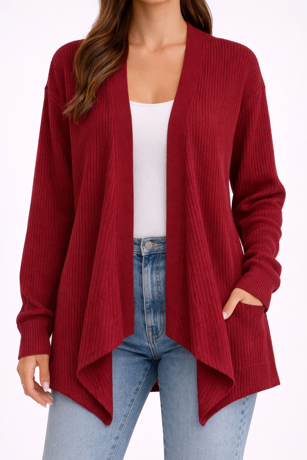 Cardigan abierto rojo vino East – Talla 2XL