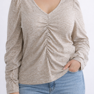 Blusa acanalada beige con frunces – Talla XL