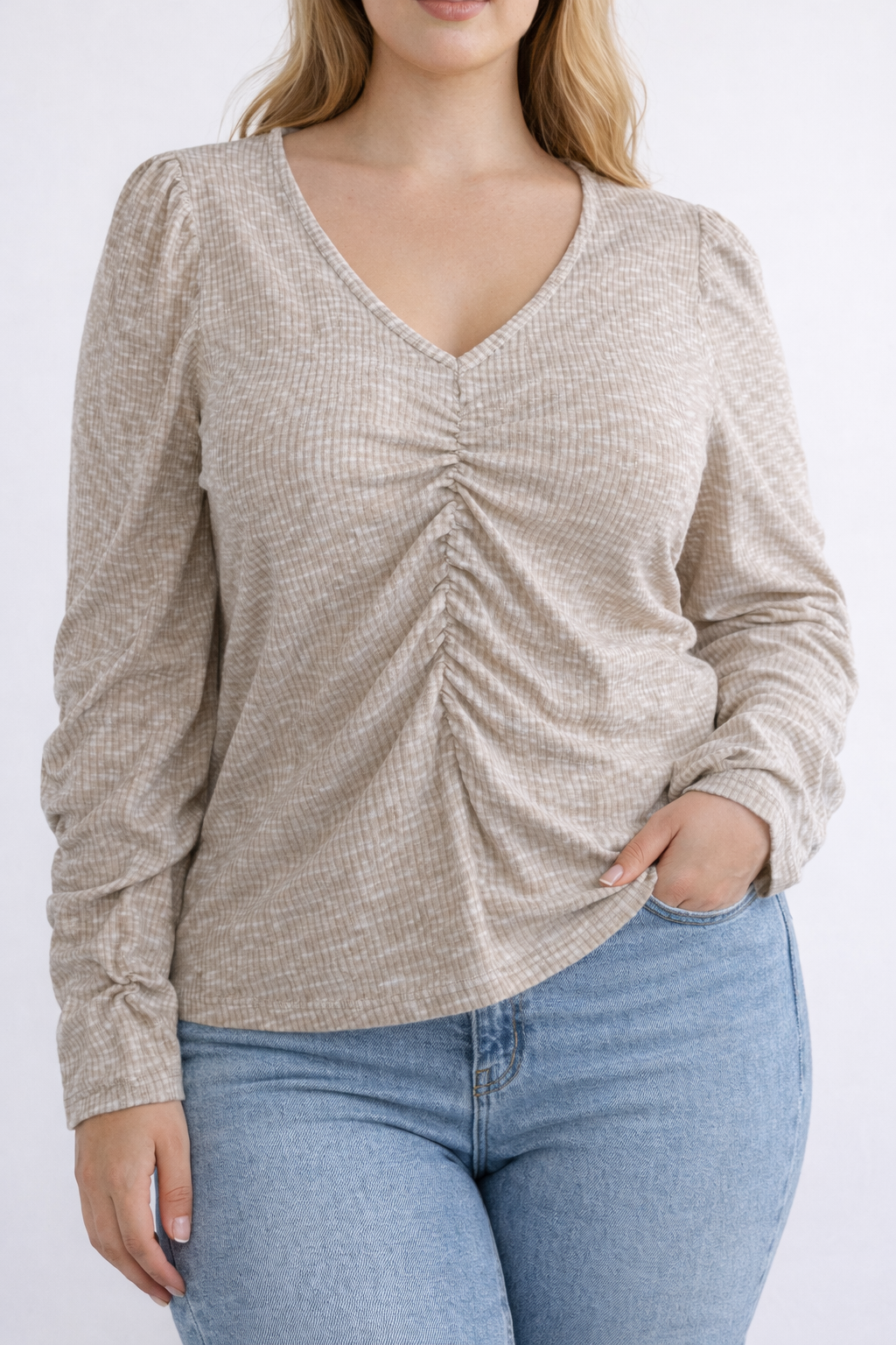 Blusa acanalada beige con frunces – Talla XL