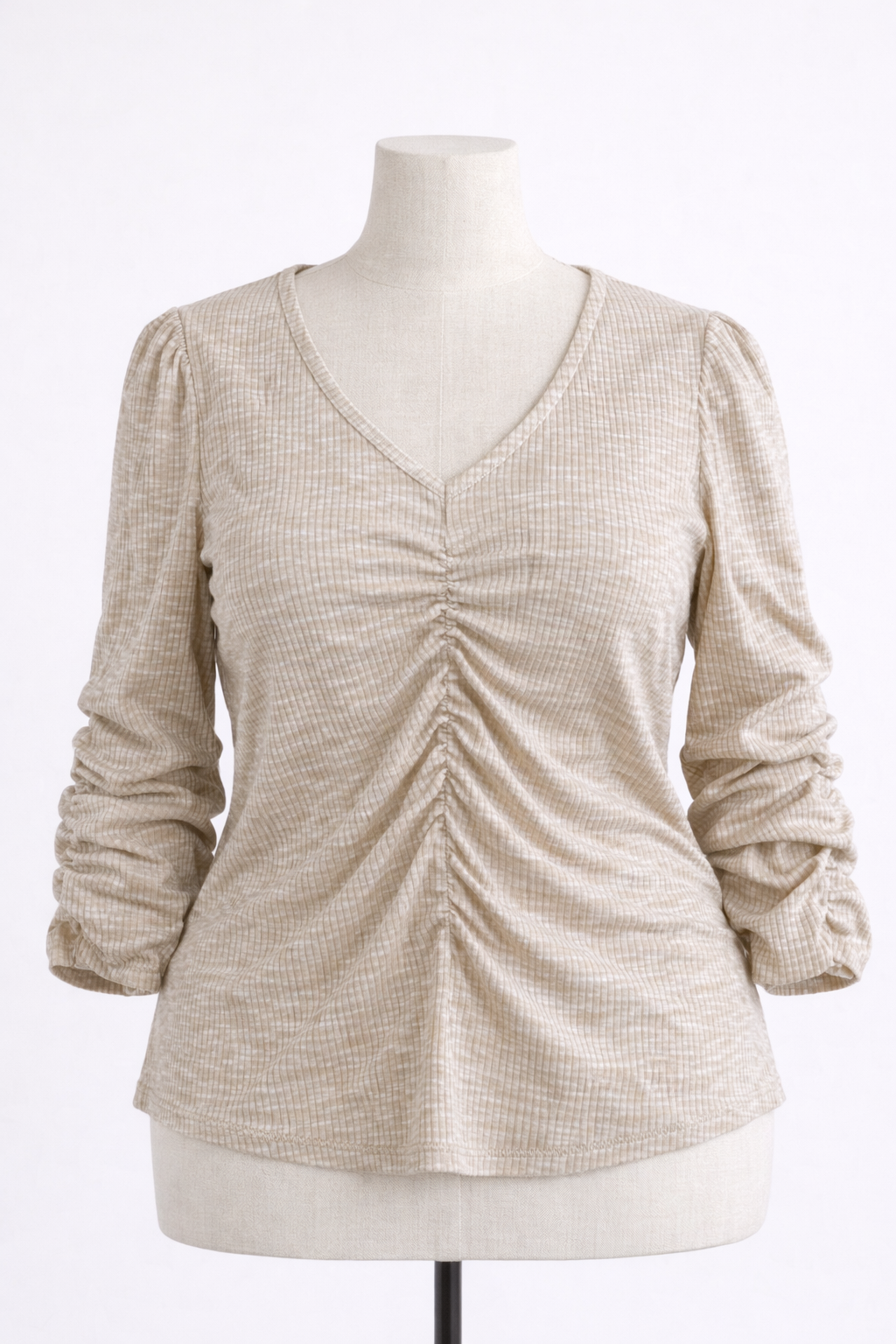 Blusa acanalada beige con frunces – Talla XL - Imagen 5