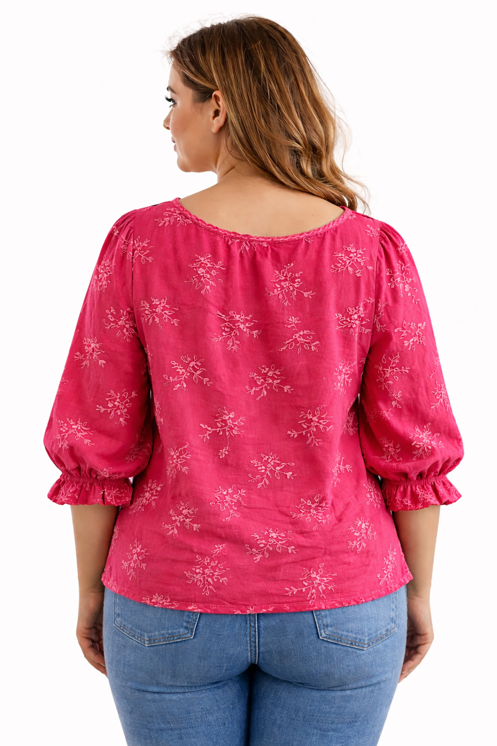 Blusa fucsia bordada manga globo – Talla XL - Imagen 2