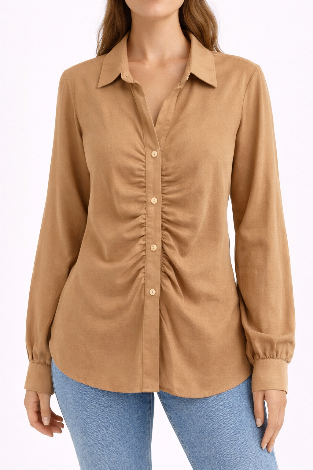 Camisa camel con frunces Wadoos – Talla XL