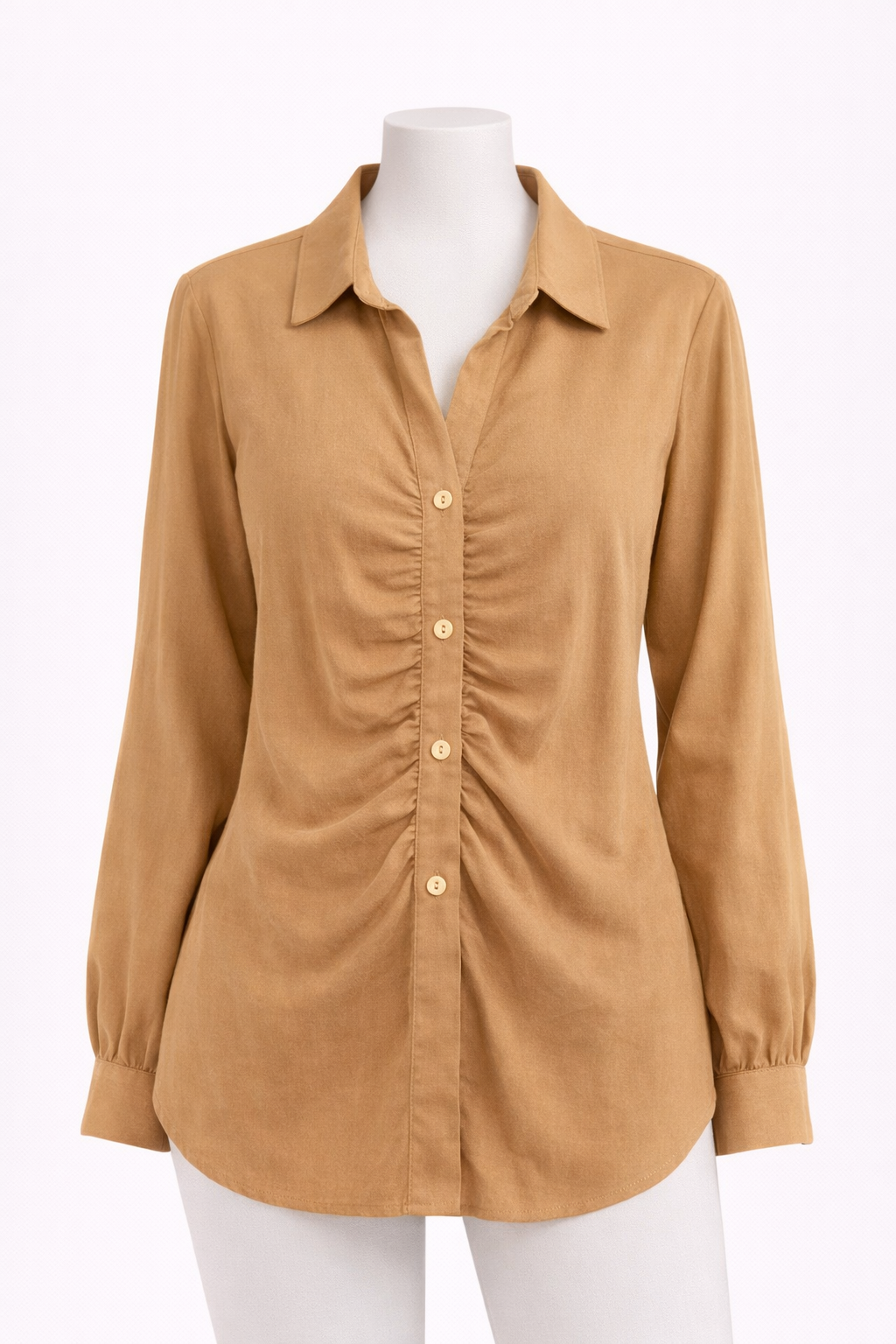 Camisa camel con frunces Wadoos – Talla XL - Imagen 2